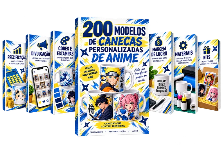 Mockup ilustrativo do catálogo digital e dos seis bônus de canecas de anime